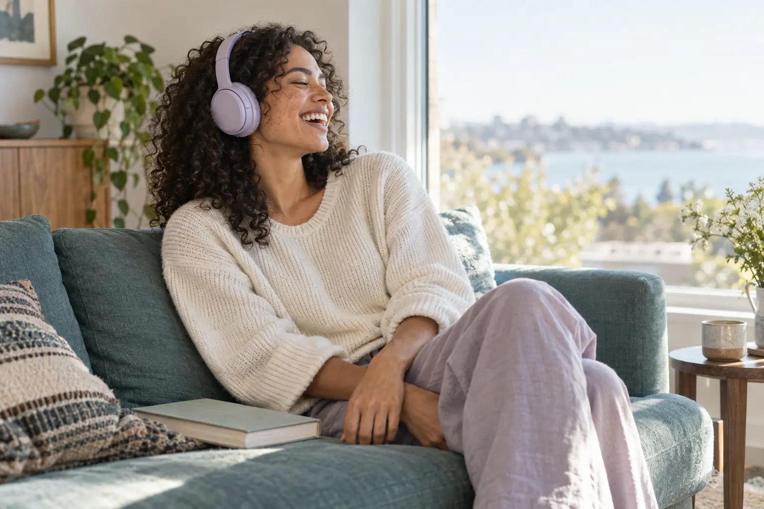 A woman in headphones smiling as she enjoys a conversation by a sunny window