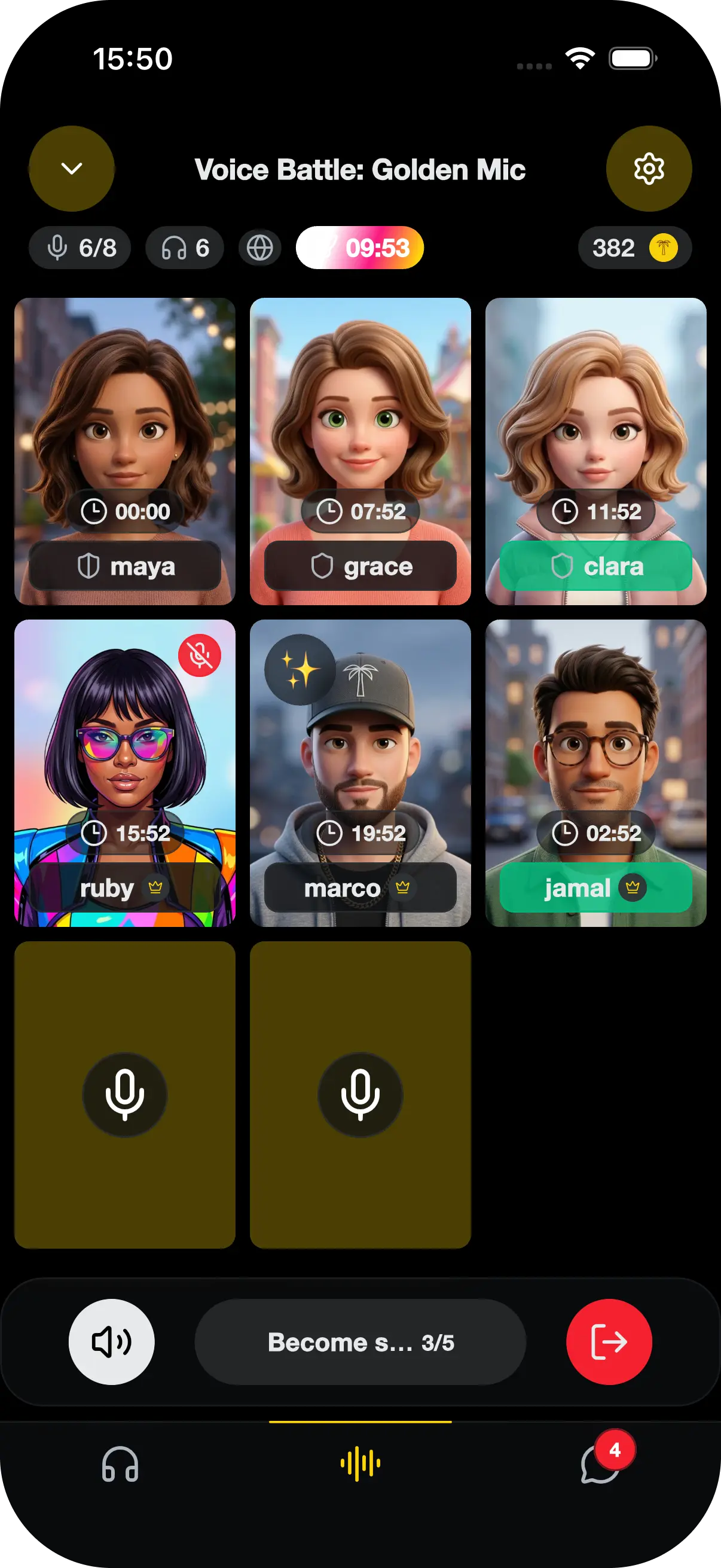 Talkinch voice room with avatar speaker seats and listening controls