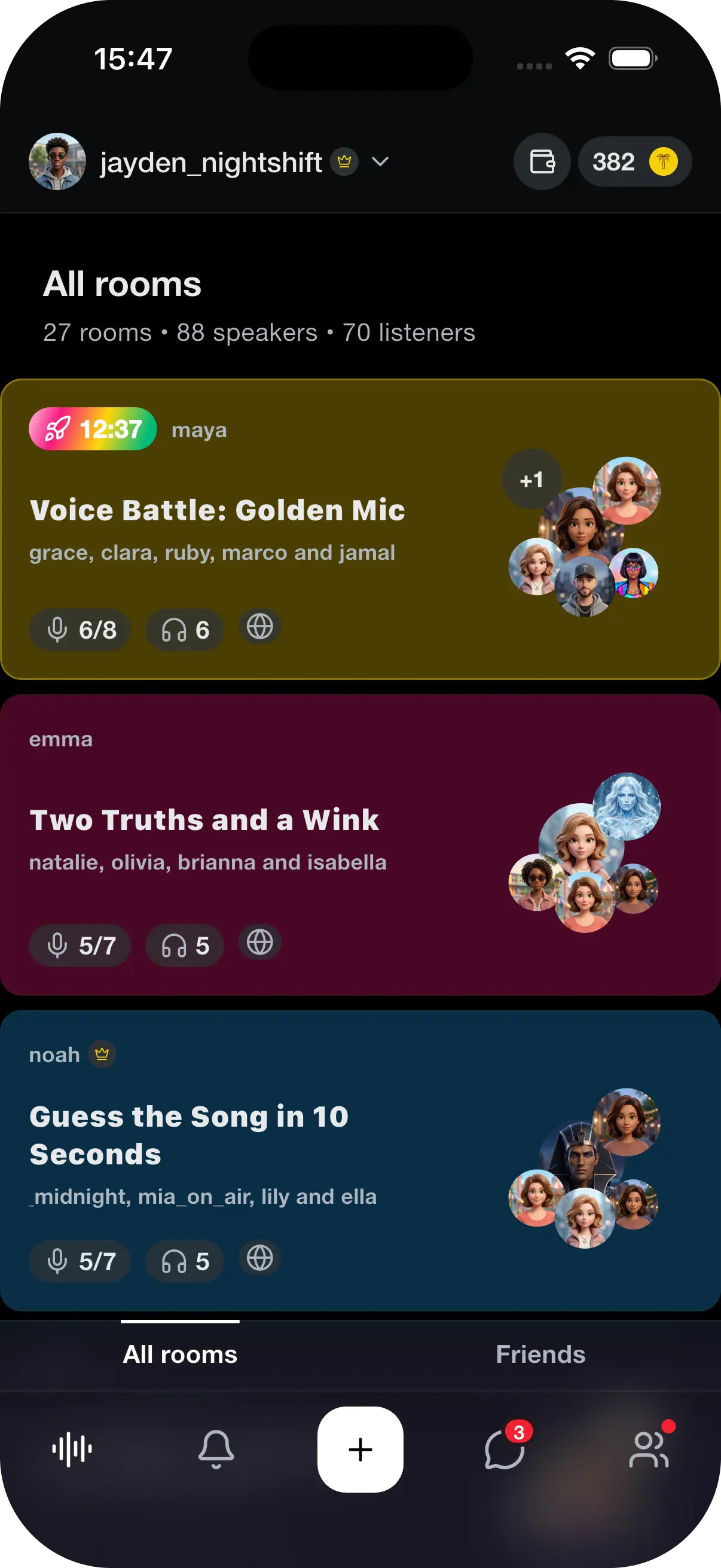 Talkinch app showing a colorful directory of voice rooms